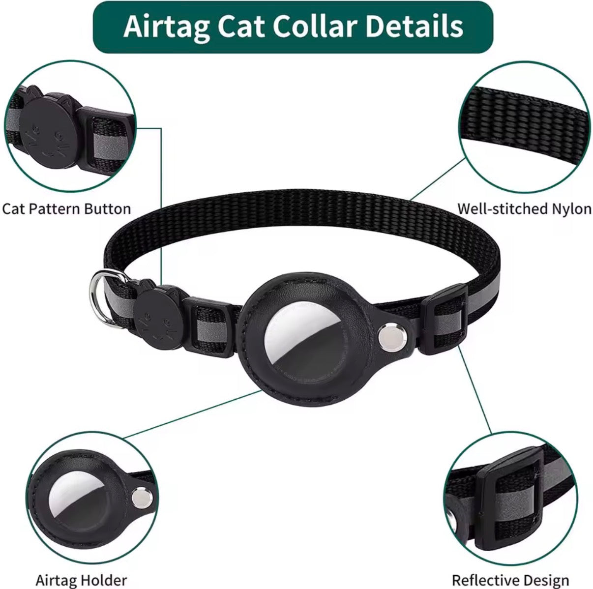Cat AirTag Holder Collar Breakaway Reflective Strips Adjustable Kitten Collar Waterproof Cat Bell